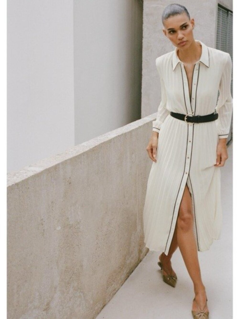 Zara Cream Midi Shirt Dress with Black Trim and Belted Waist